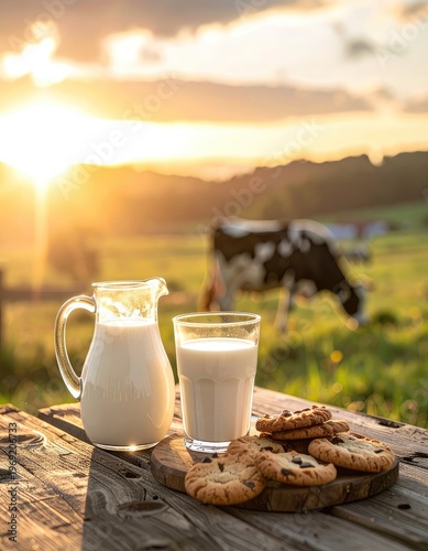 Wallpaper Mural A picturesque scene of a wooden table set with a pitcher and glass of milk alongside a plate of chocolate chip cookies, with a cow grazing peacefully in a sun-drenched field at sunset. Torontodigital.ca