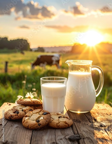 Wallpaper Mural A picturesque scene of milk, cookies, and a cow grazing in a field at sunset evokes a feeling of rustic charm and simple pleasures. Torontodigital.ca