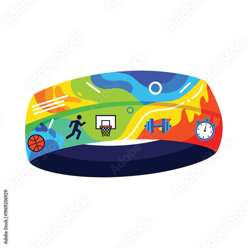 Colorful fitness tracker with sports icons.