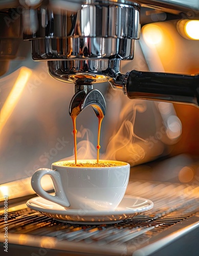 Wallpaper Mural A close-up shot captures the moment rich, dark espresso pours from a professional coffee machine into a pristine white cup, creating a warm and inviting scene. Torontodigital.ca