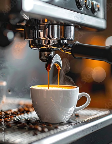 Wallpaper Mural A close-up shot captures the rich, golden stream of espresso pouring into a pristine white cup, resting atop a bed of roasted coffee beans, highlighting the brewing process. Torontodigital.ca