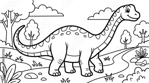 Dinosaur standing on a path outdoors.