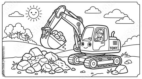 Excavator machine digging earth rocks.
