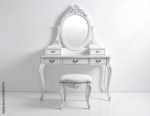Wallpaper Mural An elegant white vanity table with a round mirror and matching stool sits gracefully against a plain white wall, showcasing a classic and refined interior design. Torontodigital.ca