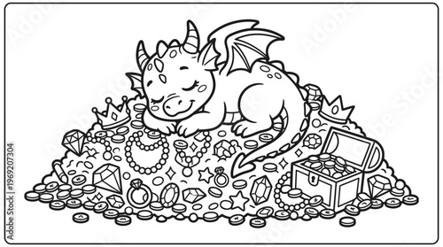 A dragon sleeping on treasure hoard.