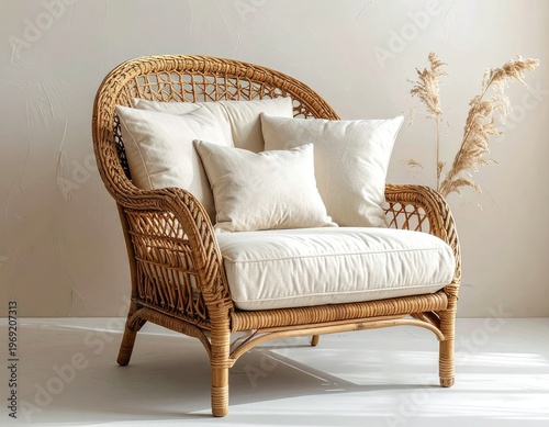 Wallpaper Mural A comfortable wicker armchair with plush white cushions sits invitingly against a neutral wall, creating a serene and cozy interior scene. Torontodigital.ca