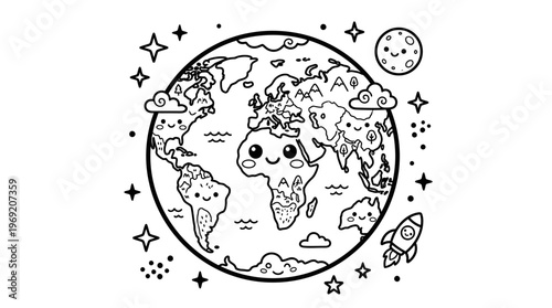 Black and white earth planet illustration.