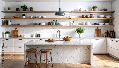 Wallpaper Mural A bright and modern kitchen features wooden shelves displaying decorative items and plants, complemented by a marble island and sleek white cabinetry, creating a stylish and inviting culinary space. Torontodigital.ca