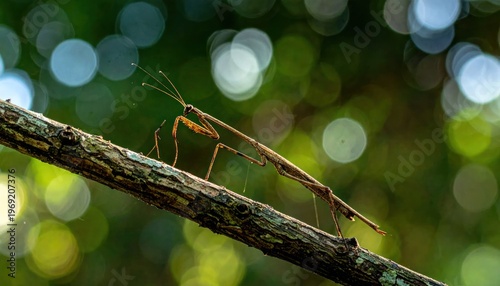 A slender stick insect clings to a textured branch with a blurred green background.