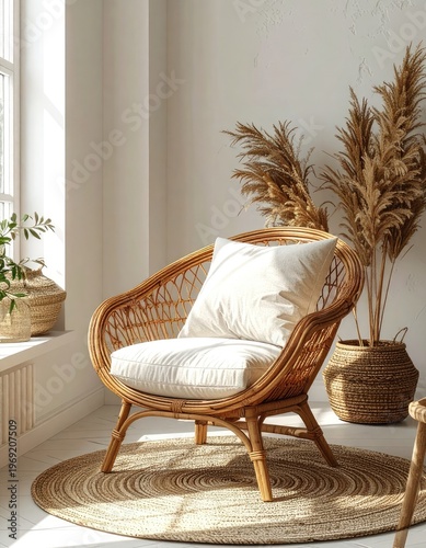 Wallpaper Mural A cozy interior scene showcases a rattan armchair with a plush cushion, complemented by dried grasses and woven baskets, creating a warm and inviting atmosphere. Torontodigital.ca