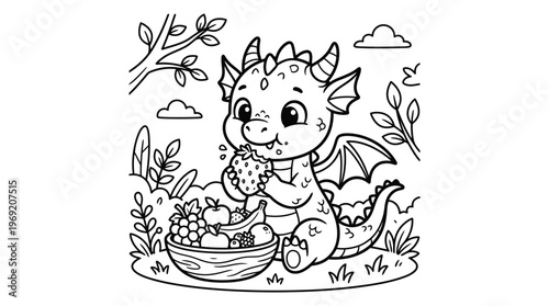 Cute little dragon eating fruit.