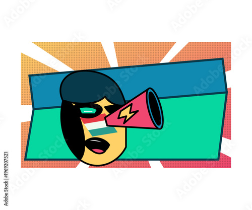 Hand-drawn pop art sports fan with Hungarian flag face paint shouting into pink megaphone against banner authentic illustration