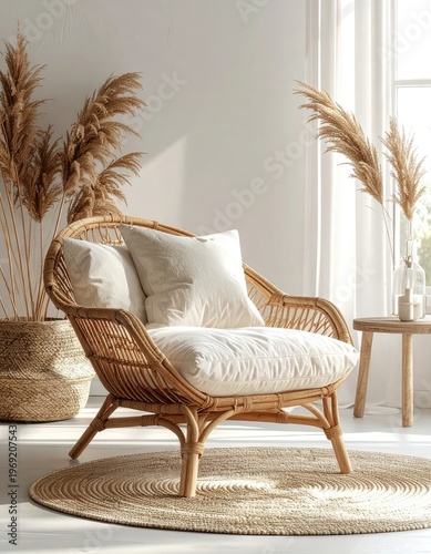 Wallpaper Mural A cozy and inviting interior scene showcases a rattan armchair with plush cushions, complemented by dried pampas grass and a natural jute rug, creating a serene and bohemian atmosphere. Torontodigital.ca