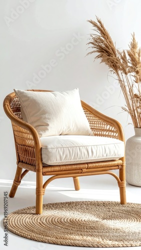 Wallpaper Mural A stylish rattan armchair with a neutral cushion sits atop a woven rug in a minimalist setting. Torontodigital.ca