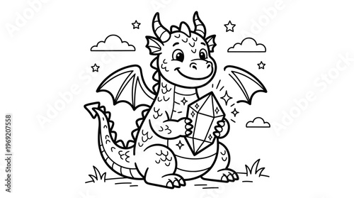 Smiling dragon holding a heart.