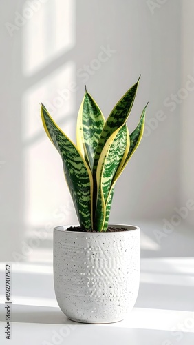 Wallpaper Mural A vibrant snake plant thrives in a textured white pot, bathed in soft natural light, creating a serene and modern indoor aesthetic. Torontodigital.ca