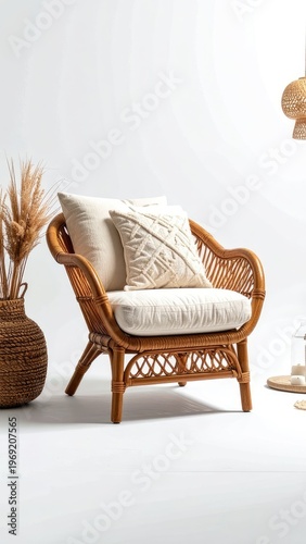 Wallpaper Mural A stylish rattan armchair with neutral cushions creates a cozy and inviting corner in a bright, minimalist space. Torontodigital.ca