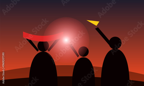 Hand-drawn silhouette of three sports fans cheering with banners and flags against a glowing orange sunset atmosphere authentic illustration