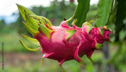 A vibrant pink dragon fruit ripens on its vine in a lush green garden.