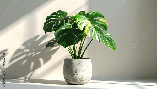 Wallpaper Mural A vibrant Monstera plant with distinctive split leaves casts a dramatic shadow against a minimalist, light-colored wall, creating a serene and modern indoor scene. Torontodigital.ca