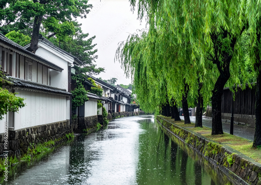 Fototapeta premium 白壁造りの家並みが続く堀のある風景