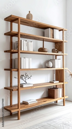 Wallpaper Mural A modern, minimalist interior showcases a tall, wooden bookshelf filled with books and decorative objects, creating a serene and organized living space. Torontodigital.ca