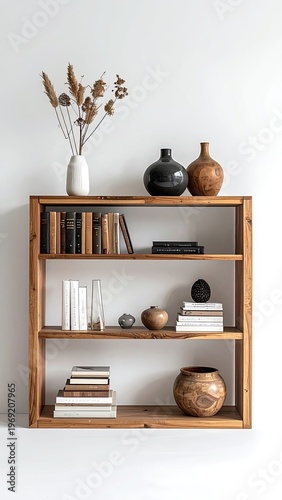 Wallpaper Mural A minimalist interior scene showcases a wooden bookshelf adorned with ceramic vases, dried flowers, and neatly stacked books, creating a serene and aesthetically pleasing display. Torontodigital.ca