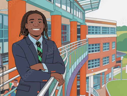 Young student stands on balcony in school building during afternoon, smiling as classmates walk below, showcasing school environment