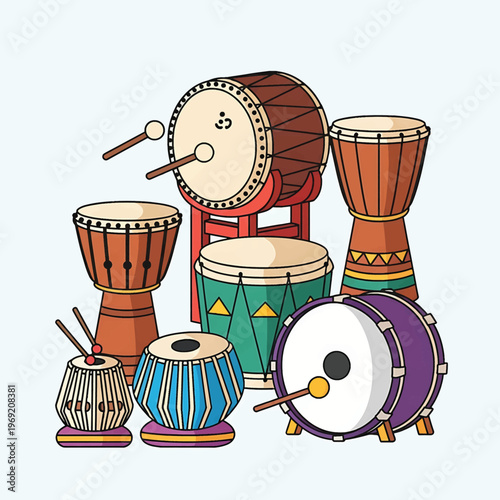 Colorful Drums and Percussion Instruments.
