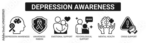 Depression Awareness web banner icon vector illustration concept with icons of depression awareness, awareness ribbon, emotional support, psychological support, mental health, and crisis support.
