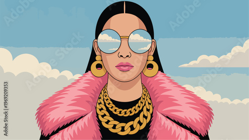 Woman wearing a pink fur coat, gold jewelry, and sunglasses reflecting the sky, female portrait, fashion style