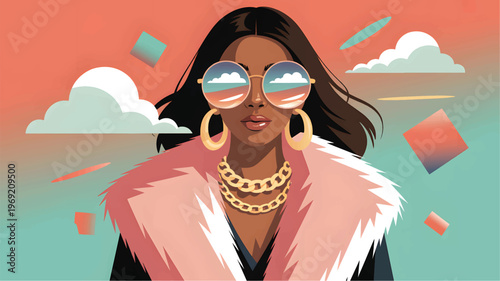 Woman with large sunglasses and a pink fur collar against an abstract background, with a gold chain