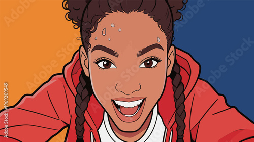 Girl smiling with sweat on her forehead while wearing a red hoodie and posing for a selfie in a bright background