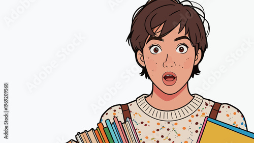Young person with books shows surprise in a bright and colorful setting during the day