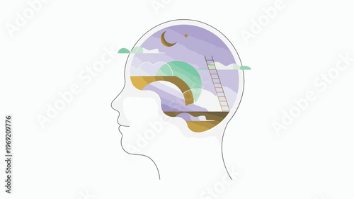 Abstract head profile with a dreamscape landscape inside a silhouette