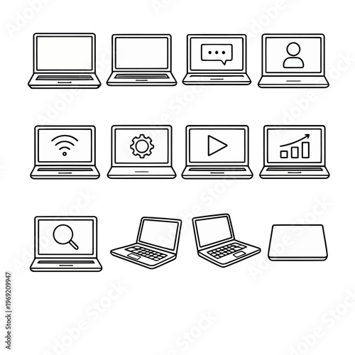 Minimal Line Art Laptop Icons Set, Computer Outline Vector Collection