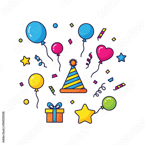 Colorful Party Hat and Balloons Celebration.