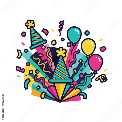 Colorful Party Hat and Balloons Illustration.