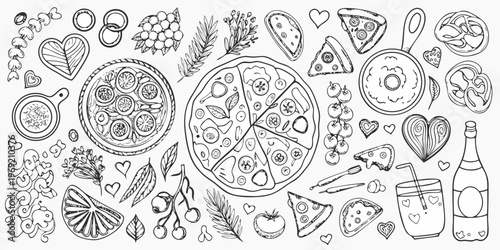 Doodle illustration of various food items including pizza fruit and drinks