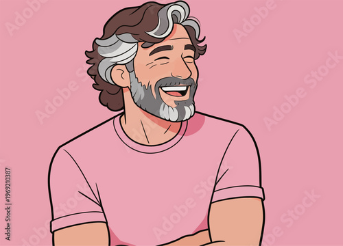 Smiling man in a pink shirt with gray hair enjoys a light moment against a pastel background