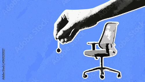 A hand delicately holds a miniature office chair above a blue background