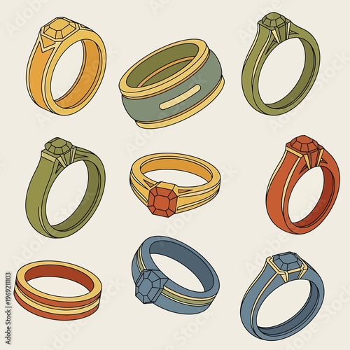 Colorful metal wedding bands jewelry.