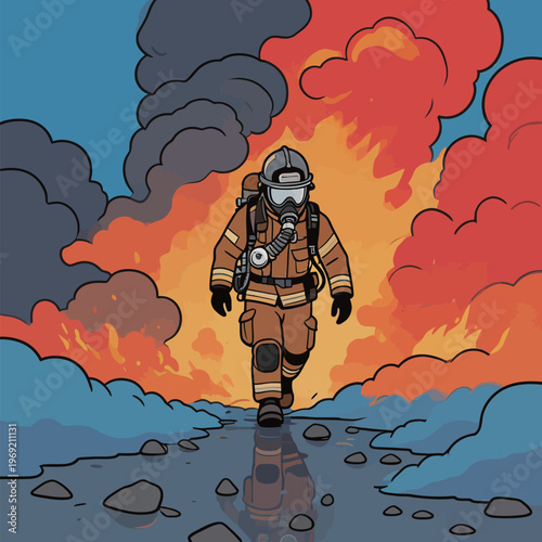 Firefighter walks through smoke toward flames in a dramatic scene with strong colors on a sunny day in a wildland area