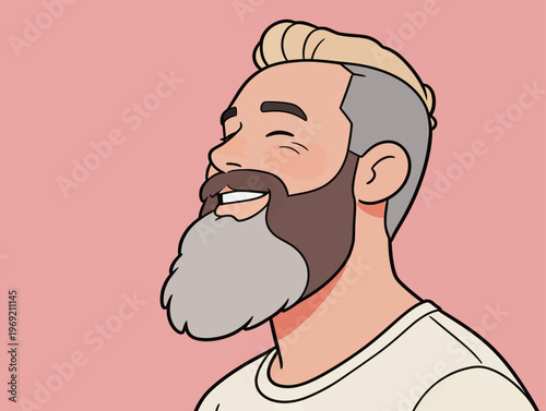 Man with beard smiles while looking up against a pink background in a playful and cheerful setting