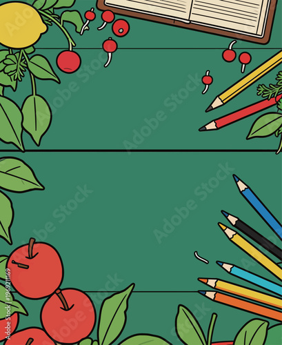Bright colors fill a workspace with fruits, vegetables, and art supplies during a creative session in a garden setting