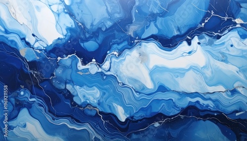 Abstract Blue Swirls and Waves of Fluid Art.