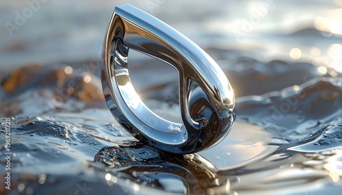 Abstract Chrome Object Floating on Rippling Water Surface.
