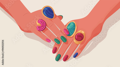 Two hands adorned with colorful rings, nail polish, and gemstone jewelry