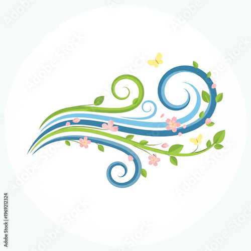 Colorful swirling floral design element.