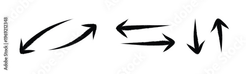 Black hand drawn brush strokes arrows pointing in different directions isolated on white background for graphic design elements business presentations and creative artistic visual layouts.